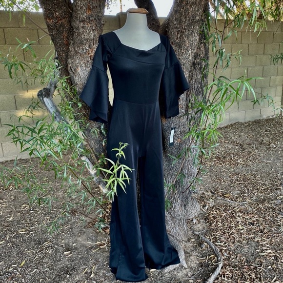 bebe Black Jumpsuit Bell Sleeves Off shoulder NWT - Picture 2 of 7